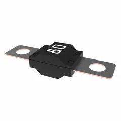 Two-hole, bolt-on time-delay fuse rated 80 A at 32 V DC. Designed for overcurrent protection in DC circuits where inrush currents from motors or capacitors are present. The bolt-on mounting with two holes ensures secure installation in power distribution modules and battery distribution boxes.