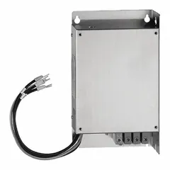 Output filter rated for 200-240V AC input and 15 A maximum output current. Power loss is 0.47 W, overall height 7.68 in. Used to reduce electromagnetic interference from variable frequency drives and motor controllers in industrial automation, HVAC, and pumping systems.