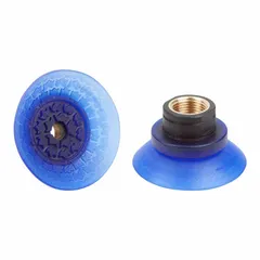 Bell-type vacuum pad assembly with G3/8 inch connection and 69.7 mm pad diameter. Constructed from Elastodur ED material in blue with 85 A hardness. Suitable for automated pick-and-place systems in automotive handling tasks.