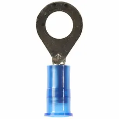 Nylon-insulated ring terminal rated for 1000 V. Accepts 16 AWG to 14 AWG wire with a 1/4 in stud size. Used for secure electrical connections in industrial control panels, machinery, and power distribution systems.