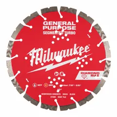 This diamond saw blade is designed for cutting block, brick, concrete, and stone. It features a 10-inch diameter and a 5/8-inch to 7/8-inch arbor size. Suitable for wet or dry use on masonry saws in construction and demolition applications.