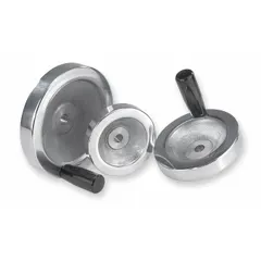 Solid hand wheel made of aluminum with a zinc-plated finish. Diameter 160 mm, bore 5/8 in. Used for manual valve actuation, machine tool adjustment, and positioning tasks in industrial machinery.
