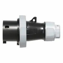 Washdown-rated pin and sleeve plug for industrial environments requiring water resistance. Rated 600V AC, three-phase, 30 A, with 3 poles and 4 wires, featuring IEC grounding. Suitable for wet or washdown locations in food processing, pharmaceutical, and heavy manufacturing facilities.