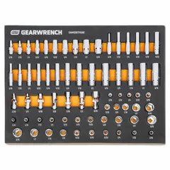 This 68-piece SAE socket set includes standard sockets in 12-point and 6-point configurations, covering sizes from 3/16" to 9/16". The 1/4 in drive sockets feature a friction ball detent mechanism for secure retention. Suitable for fastening and loosening nuts and bolts in automotive repair, machinery maintenance, and general industrial assembly.