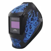 Auto-darkening welding helmet with nylon shell and digital controls. Features a 7.2 sq in viewing area, welding shades W8-W13, three arc sensors, grind mode, and ratchet suspension. Suitable for MIG, TIG, and stick welding in industrial fabrication, maintenance, and construction
