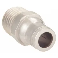 Nickel-plated brass push-to-connect adapter fitting with 3/8 in OD tube connection and 3/8 in male NPT threaded end. Allows tool-free connection of tubing to threaded ports. Suitable for pneumatic systems, instrumentation, and fluid handling applications
