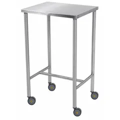 This fixed-height lab table features a stainless steel countertop and swivel casters for mobility. With overall dimensions of 33 inches length, 18 inches width, and 34 inches height, it is suitable for supporting instruments and equipment in laboratory environments where a corrosion-resistant, easy-to-clean surface is required.