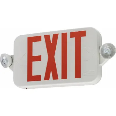 LED Emergency Light/Exit Combo: White, 1 or 2 Faces, Green/Red, LED, Ceiling/Wall - Plastic Exit Signs with Round Side-Mount Light Heads
