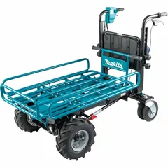This battery-powered wheelbarrow and cart operates on the 36V LXT platform and features four wheels for stability. It is designed for material handling tasks such as transporting soil, gravel, or supplies across job sites. The unit is supplied without a battery or charger.