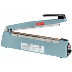 Tabletop impulse heat sealer with a maximum seal length of 12 inches, seal width of 1/8 inch, and seal thickness of 6 mil. Designed for sealing poly bags and plastic films in packaging operations.