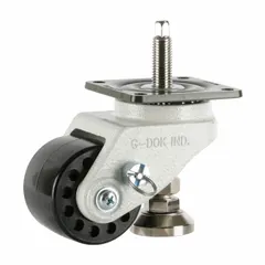 This leveling plate caster combines mobility with fine height adjustment under load. The 75 mm nylon tread wheel and 110 mm mounting height suit heavy-duty industrial equipment requiring precise leveling. White frame. Load capacity 1,543 lb.