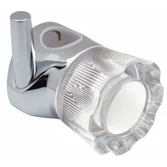 This replacement handle is designed for use with Temp-Gard bathtub and shower valves. It features a chrome finish and a brass trim plate. The handle is used to operate water flow and temperature control in residential or commercial plumbing systems.