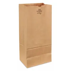 Kraft paper grocery bag with dimensions 8 1/4 in width, 5 1/4 in depth, and 18 in height. Sold in a 400-pack. Suitable for general-purpose packaging and transport of items such as groceries, parts, or supplies.