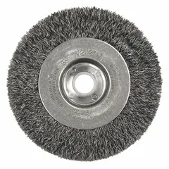 Crimped steel wire wheel brush designed for light cleaning of carbon steel surfaces. Each brush measures 4" diameter by 1/2" width with a 0.012" fill. Arbor size is 5/8" to 1/2". Sold as a 2-pack.