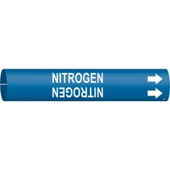 Snap-on pipe marker for identifying nitrogen lines. Blue background with white legend and directional arrows. Fits pipe outer diameters from 3/4 to 1-3/8 inches. Supplied as a single marker.