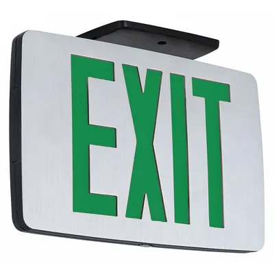 COMPASS Exit Sign: Emergency Battery Backup, LED, Black, Green, 2 Faces, Ceiling/Wall - Aluminum Lighted Exit Signs