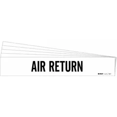 White adhesive pipe marker with black 'Air Return' legend, designed for pipes with outer diameter from 2-1/2 to 7-7/8 inches. Each pack contains five markers without arrows, suitable for identifying air return lines in HVAC and ventilation systems.