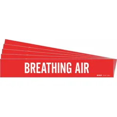 Red adhesive pipe marker with white 'Breathing Air' legend, designed for pipes with outer diameters from 2-1/2 to 7-7/8 inches. Pack of 5 markers without arrows. Used to identify compressed breathing air lines in industrial facilities, aiding in safety compliance and preventing misconnection.