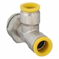 Nickel-plated brass tube fitting with push-fit connections. Type: Brass. Thread Size A: 1/2". Overall Length: 29 5/32 mm. Used for joining tubes in pneumatic and fluid-handling systems