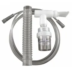 Nebulizer for converting liquid medication into a fine mist for inhalation. 6 mL capacity. Includes a mask for patient use. Overall dimensions: 20 in length x 11 in width.