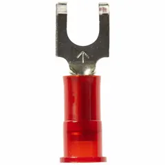 Nylon insulated fork terminal with insulation grip barrel. Designed for #8 studs and 22-18 AWG wire, rated 600V. Flanged fork allows connection without fully removing nut, suitable for control panels and industrial equipment.