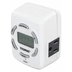Indoor-rated digital plug-in timer switch with a 5-15R receptacle, operating on 120V AC. Features astronomic and 7-day programming for automated scheduling of lighting and equipment.