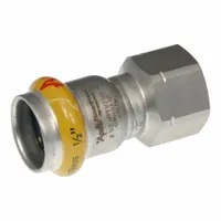 This APOLLO SmartPress fitting is a press-fit x FNPT adapter with HNBR seals, designed for gas stainless steel press piping systems. It connects 1-1/2 in pipe to 1 in pipe size, enabling size transitions in commercial or industrial gas installations