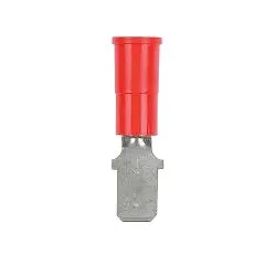 Red vinyl partially insulated male tab quick disconnect for 22 AWG to 18 AWG wire sizes. Used for creating removable electrical connections in control panels, appliances, and automotive wiring.
