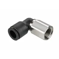 This push-to-connect elbow fitting connects tubing to female NPT ports in a 90-degree configuration. Constructed with a nylon body and nickel-plated brass components, it is suited for pneumatic and fluid handling systems. The fitting has a 1/4" FNPT thread and accepts 1/8" OD tubing