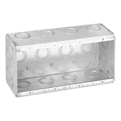 Steel masonry electrical box for embedding in concrete or block walls. Four-gang enclosure with 2-1/2 in depth, 7-3/8 in width, and 3-3/4 in height. Supplied without clamps or bracket.