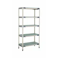 Stationary shelving unit with five shelves, each 18 in x 36 in, and an overall height of 74 in. Frame and shelving material are 304 Stainless Steel with antimicrobial resistance properties. Suitable for harsh environments requiring hygiene and corrosion resistance, such as healthcare, food processing, and laboratory settings