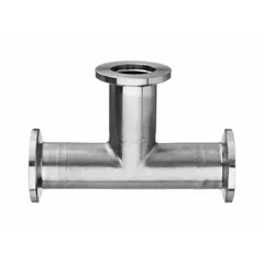 This KF x KF x KF vacuum tee fitting has a trade number of 40 and is constructed from 304 stainless steel. It is rated for vacuum to 10-7 torr at 72°F. Used in high-vacuum systems to branch or combine gas flow lines.