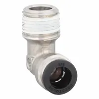 This nickel-plated brass tube fitting features a push-to-connect connection on one end and a male NPTF thread on the other, both sized at 3/8 in. It is used to join tubing to threaded ports in fluid systems, enabling tool-free installation for pneumatic, hydraulic, or lubrication lines