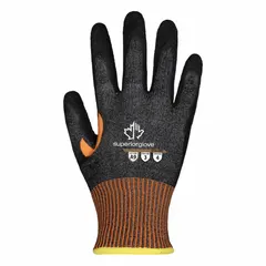 These extreme-duty cut-resistant gloves feature a crinkle latex coating for enhanced grip and are rated ANSI Cut Level A9. The reinforced thumb crotch adds durability in high-wear areas, and fingertip dipping provides additional protection. Suitable for tasks requiring high cut resistance and grip, such as metal stamping, glass handling, and heavy fabrication.