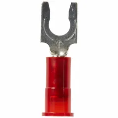 Nylon insulated locking fork terminal for #8 stud size, accepting 22 AWG to 18 AWG wire. Features an insulation grip barrel style and is rated for 600 V. Suitable for secure electrical connections in control panels and power distribution systems.