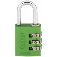 This TSA approved combination padlock features an aluminum body and steel shackle in a green finish with a silver dial. Designed for securing luggage and travel bags, it allows TSA agents to open it for inspection without damage. The scrolling combination mechanism enables easy resetting of the code.