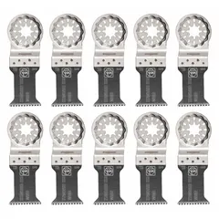 Set of 10 Starlock-mounted blades for precision cutting. Each blade has an overall length of 3 13/16 in. Suitable for cutting drywall and similar materials where clean, accurate cuts are required.