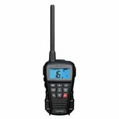 Analog handheld VHF radio for marine communication. Operates on 12 channels in the 156–162.025 MHz range with 3 W output. IPX7 waterproof, Li-Ion battery provides up to 11 hours of use. Includes USB-C charging and an emergency button. FCC compliant.