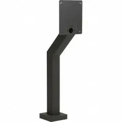Black powder-coated aluminum pedestal for gate operators and telephone entry systems. Overall height 52 3/4 inches, base dimensions 8 in x 12 in. Includes carriage bolt hardware. Suitable for mounting access control equipment in entryway applications.