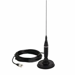 VHF helical antenna with black fiberglass construction. Compatible with President Thomas FCC radio series. Suitable for two-way radio communication in VHF band applications.