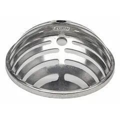Aluminum dome strainer for floor sinks, with a slotted grate surface to allow water passage while trapping debris. Drop-in connection type, unfinished silver finish. Overall diameter 6 7/8 in, overall height 2 7/8 in.