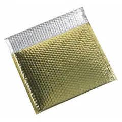 Gold bubble mailers with a usable width of 13 3/4 inches and usable length of 11 inches. Each mailer includes a tear strip for easy opening. The interior bubble lining provides cushioning for shipping fragile items. Sold in a 48-pack.