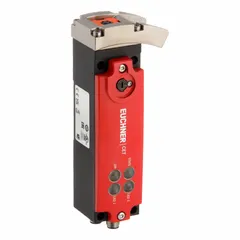 Safety switch with guard locking featuring Unicode coding and RFID-compatible actuator technology. Equipped with an M12 connector and 5/8 pins, this switch measures 67 mm x 52 mm and is not designed for daisy-chaining. Used to monitor and lock movable guards on industrial machinery.