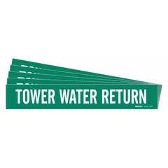 Green adhesive pipe marker with white legend text reading 'Tower Water Return'. Designed for pipe outer diameters from 2-1/2 to 7-7/8 inches. Sold in a 5-pack without directional arrows. Used to identify tower water return lines in industrial piping systems.