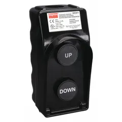 Plastic-enclosed pendant with two momentary push buttons labeled Up/Down. Rated AC 10 A @ 600 V and DC 5 A @ 600 V. Suitable for remote control of industrial equipment such as hoists, cranes, and conveyors.