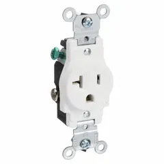 General-purpose single receptacle with NEMA 5-20 configuration, rated 125V AC and 20A. 2-pole/3-wire grounding design in a white finish. Suitable for powering equipment and appliances in commercial and industrial settings.