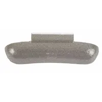 Zinc clip-on wheel weight for steel rims on passenger cars. Coated finish. Left-hand (LH) design. Used for balancing wheels to reduce vibration