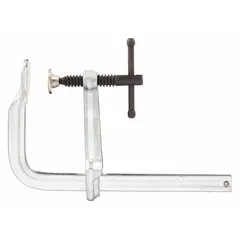 Sliding T handle bar clamp with 10-inch maximum jaw opening and 2,600 lb clamping force. Bar slide and swivel design allow versatile positioning for woodworking, metalworking, and fabrication tasks requiring secure workpiece holding.