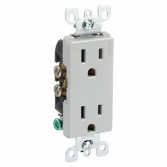 This LEVITON decorator duplex receptacle is a NEMA 5-15 grounding outlet rated 125V AC and 15A. It features a gray finish and is designed for flush mounting in standard wall boxes. Suitable for general-purpose power distribution in residential, commercial, and industrial environments, it accepts standard 5-15 plugs for lighting, appliances, and equipment.
