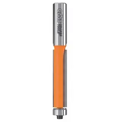This flush-trim profile router bit features a carbide-tipped cutting edge with a 1/2 in cutter diameter and 2 flutes. It is used for precise edge-trimming and pattern-following applications in woodworking, such as trimming laminate, veneer, or solid wood flush with a template or substrate.